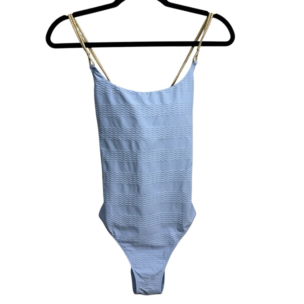 Aerie Light Blue Textured Full Coverage One Piece Swimsuit Medium Gold Straps
